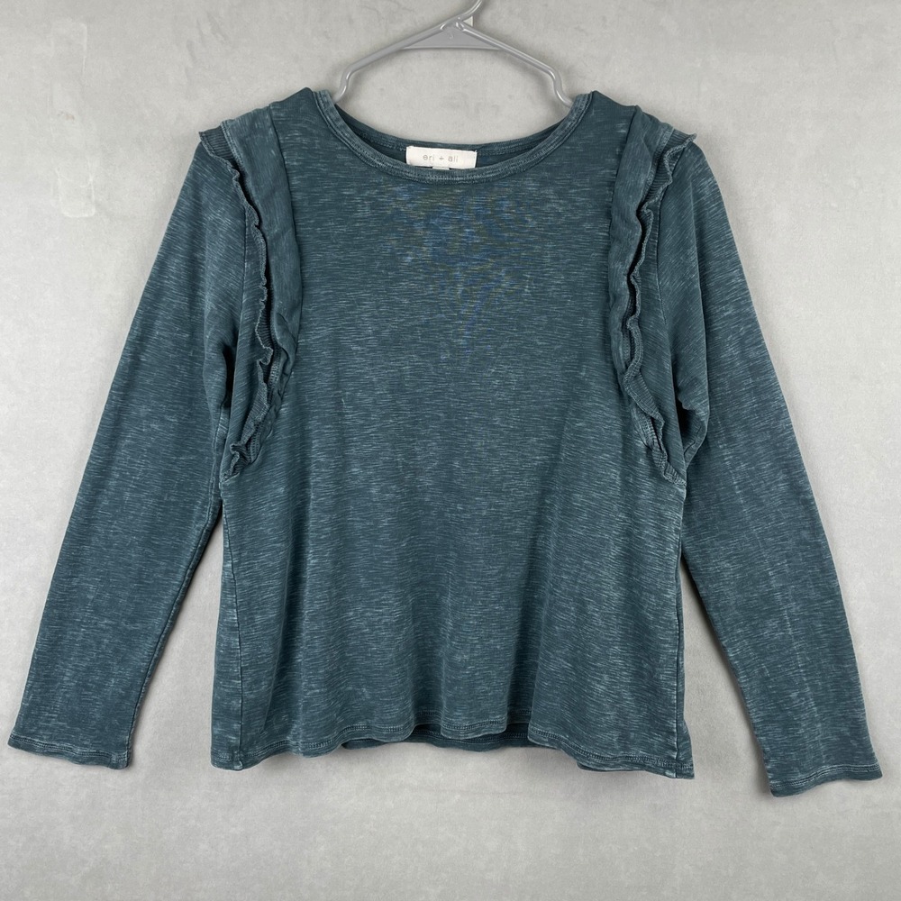 Eri + Ali Anthropologie Teal Blue Ruffle Slub Knit Long Sleeve Top Small Boho‎